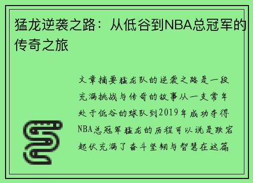 猛龙逆袭之路：从低谷到NBA总冠军的传奇之旅